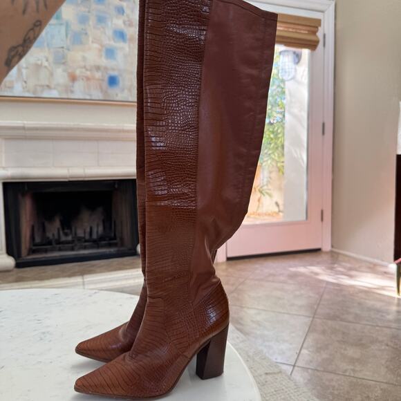Vince Camuto $230 Demerri Over the Knee Crocodile Brown Leather Boots - Picture 5 of 9